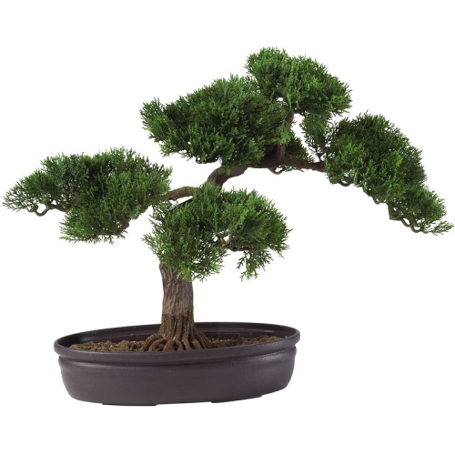 Nearly Natural 16" Cedar Bonsai Silk Plant with Exposed Roots in Green/Black