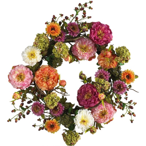 NEARLY NATURAL  24" Round Rich Foliage Peony Wreath In Multi-Color