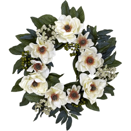 NEARLY NATURAL  22" Beautiful Magnolia Wreath In Billowy Blooms In White