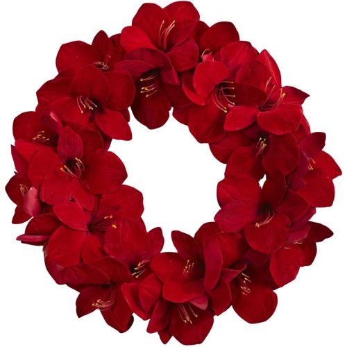 NEARLY NATURAL  22" Full Amaryllis Blooms Decorative Wreath In In Red