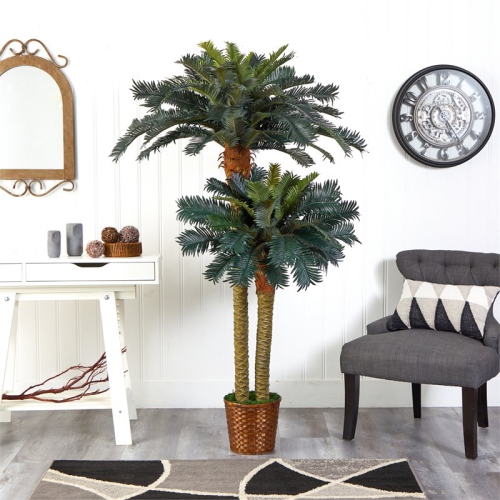 Nearly Natural 72" & 48" Sago Palm Double Potted Silk Tree in Green/Brown