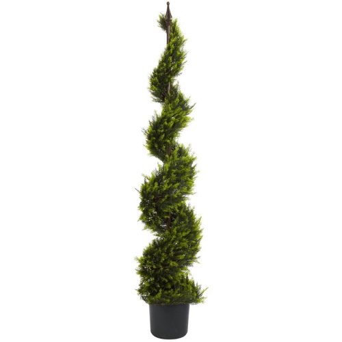 Nearly Natural 60" Cypress Spiral Tree with Pot and Faux Soil in Green/Black