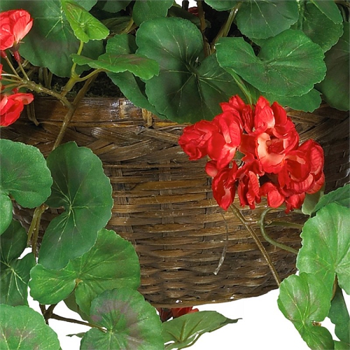 Nearly Natural Geranium Silk Plant with Decorative Hanging Basket in Red/Brown