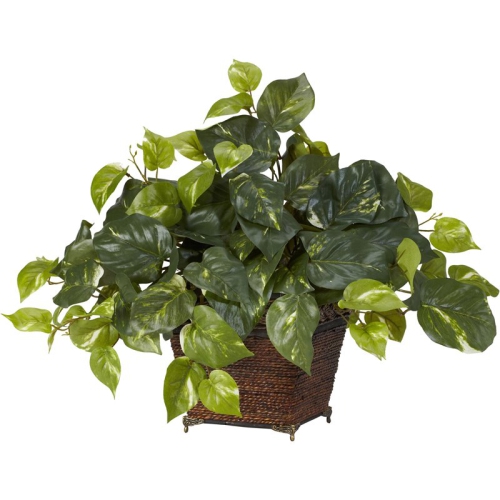 NEARLY NATURAL  Pothos With Coiled Rope Planter Silk Plant In Green/brown