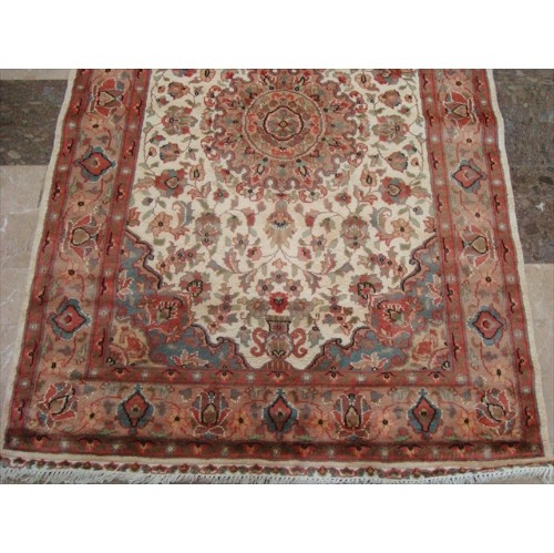Medallion Ivory Flowers Exclusive Rectangle Area Rug Hand Knotted Wool Silk Carpet'