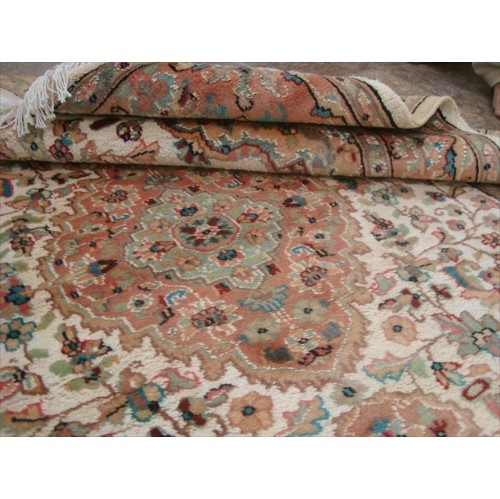 AHMEDANI  Gultarash Medallion Touch Flowers Rare Hand Knotted Wool Silk Carpet 5.10' X 4.3' Area Rug - In Ivory