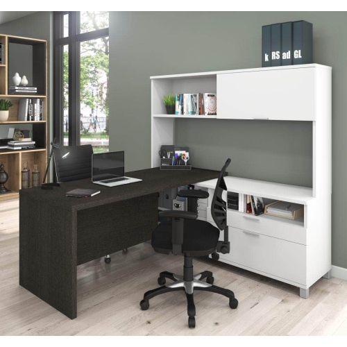 Pro Linea L Desk With Hutch In White Bark Gray Best Buy Canada