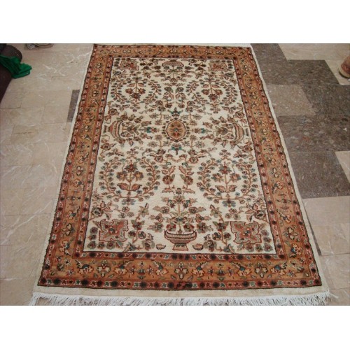 AHMEDANI  Wow Abrask Medallion Classic Hand Knotted Wool Silk Carpet 6.3' X 4.1' Area Rug - In Ivory