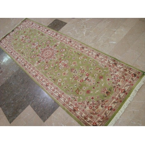 Ahmedani Exclusive Floral Kashan Soft Hand Knotted Hall Way Rug 7.11' x 2.7' Hallway Runner - Green