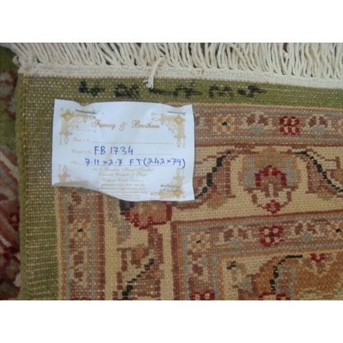 Ahmedani Exclusive Floral Kashan Soft Hand Knotted Hall Way Rug 7.11' x 2.7' Hallway Runner - Green