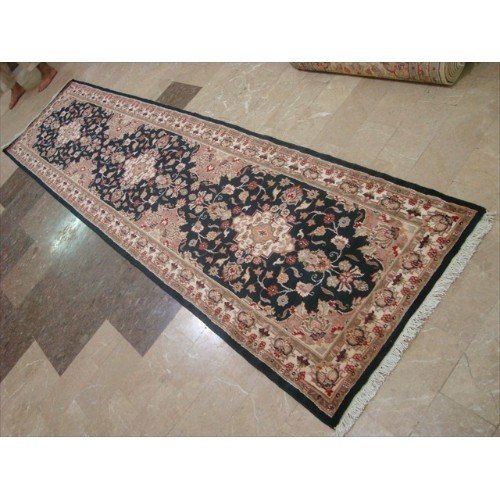 Exclusive Hot Black Floral Kashan Soft Hand Knotted Hall Way Runner Rug'