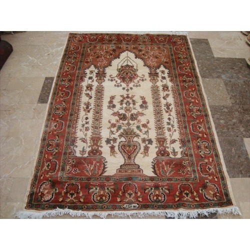 Ivory Vaas Guldasta One Way Lovely Hand Knotted Area Rug Wool Silk Carpet'