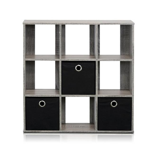 Furinno Simplistic 9-Cube Organizer with Bins French Oak Grey & Black - 26.5 x 26.7 x 7.9 in.