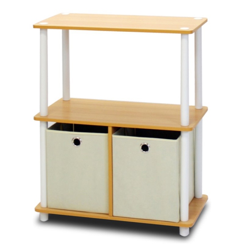 Furinno Turn-N-Tube Go Green 3-Tier Multipurpose Storage Rack Shelving Unit with Bins Beech & White - 29.75 x 23.6 x 11.6 in.