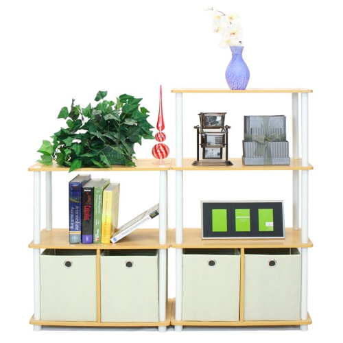 Furinno Turn-N-Tube Go Green 3-Tier Multipurpose Storage Rack Shelving Unit with Bins Beech & White - 29.75 x 23.6 x 11.6 in.