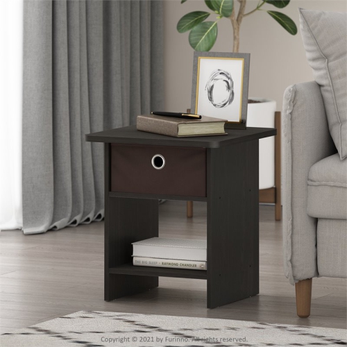 Furinno End Table - Night Stand Storage Shelf with Bin Drawer Espresso & Brown - 17.8 x 15.5 x 15.5 in.