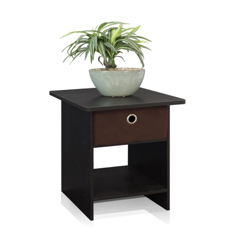 Furinno End Table - Night Stand Storage Shelf with Bin Drawer Espresso & Brown - 17.8 x 15.5 x 15.5 in.