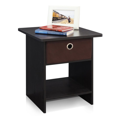Furinno End Table - Night Stand Storage Shelf with Bin Drawer Espresso & Brown - 17.8 x 15.5 x 15.5 in.