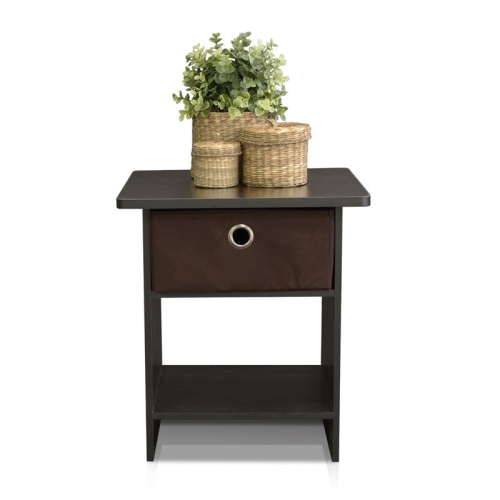 Furinno End Table - Night Stand Storage Shelf with Bin Drawer Espresso & Brown - 17.8 x 15.5 x 15.5 in.