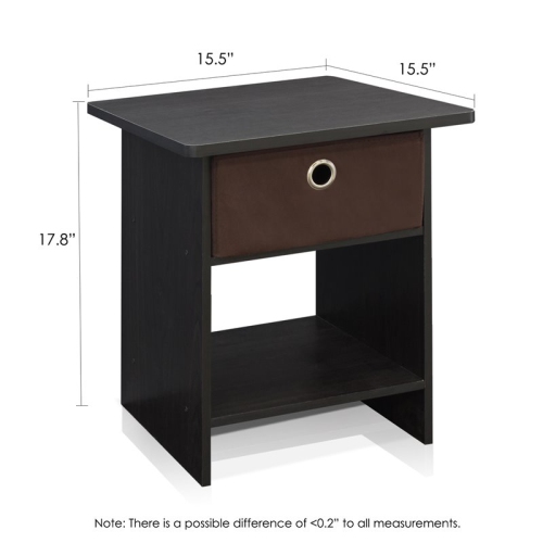 Furinno End Table - Night Stand Storage Shelf with Bin Drawer Espresso & Brown - 17.8 x 15.5 x 15.5 in.