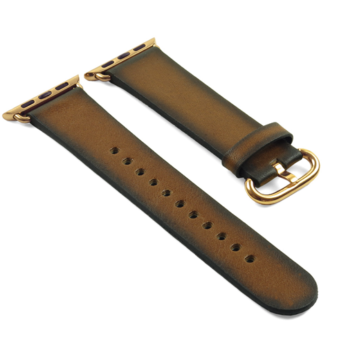 STRAPSCO  Dassari Genuine Italian Vintage Leather Strap Band for 42MM Apple Watch In Green With Gold Buckle In Yellow