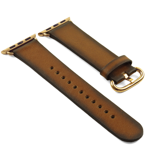 STRAPSCO  Dassari Genuine Italian Vintage Leather Strap Band for 42MM Apple Watch In Tan With Gold Buckle In Yellow