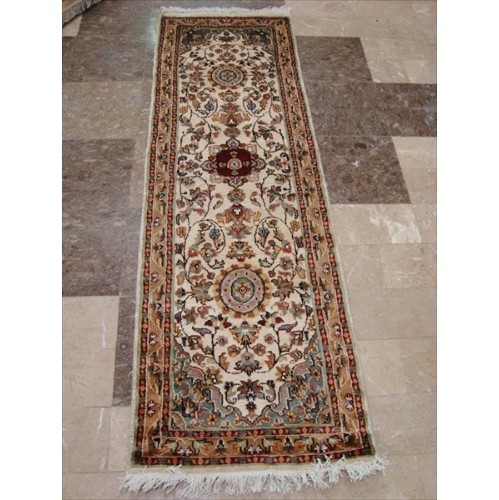 Love Ivory Floral Medallion Hand Knotted Runner Rug Wool Silk Carpet'