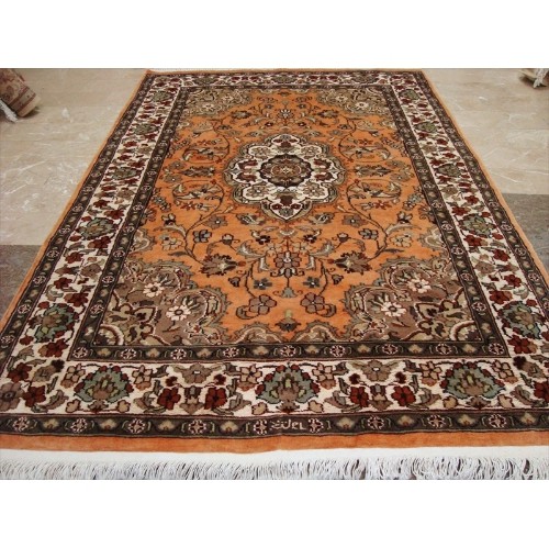 Ivory Pestal Flower Allover Kashan Area Rug Hand Knotted Silk Wool Carpet'