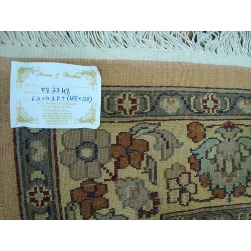Ivory Pestal Flower Allover Kashan Area Rug Hand Knotted Silk Wool Carpet'