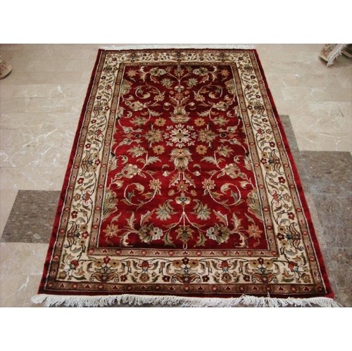 AHMEDANI  Wow Ivory Flowers Allover Hand Knotted Wool Silk Carpet 6.3' X 4.1' Area Rug - /ivory In Red
