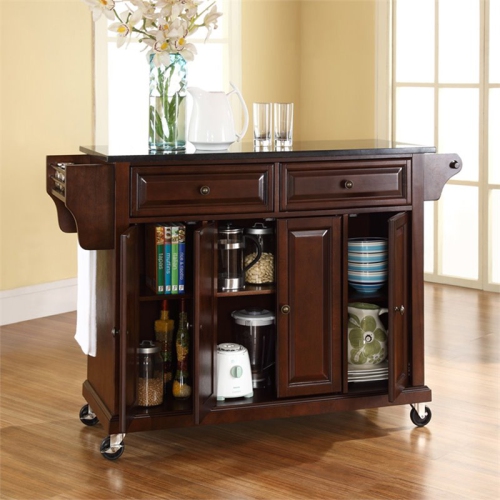 Modern Marketing Concepts KF30004EMA Solid Black Granite Top Kitchen Cart-Island in Vintage Mahogany Finish
