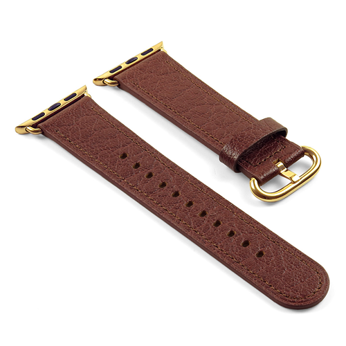 STRAPSCO  Dassari Textured Finish Leather Strap Band for 42MM Apple Watch In Brown With Gold Buckle In Yellow
