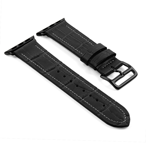 STRAPSCO  Dassari Croc Embossed Leather Strap Band for 42MM Apple Watch W/ Hermes Matte Buckle In Grey In Black