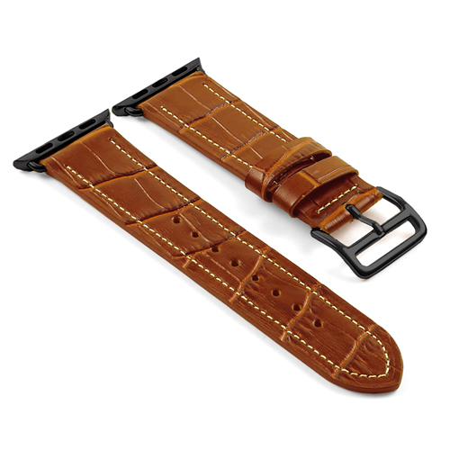 STRAPSCO  Dassari Croc Embossed Leather Strap Band for 42MM Apple Watch W/ Hermes Matte Buckle In Tan In Black