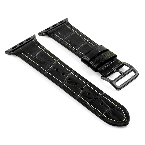 STRAPSCO  Dassari Croc Embossed Leather Strap Band for 38MM Apple Watch W/ Hermes Matte Buckle In In Black