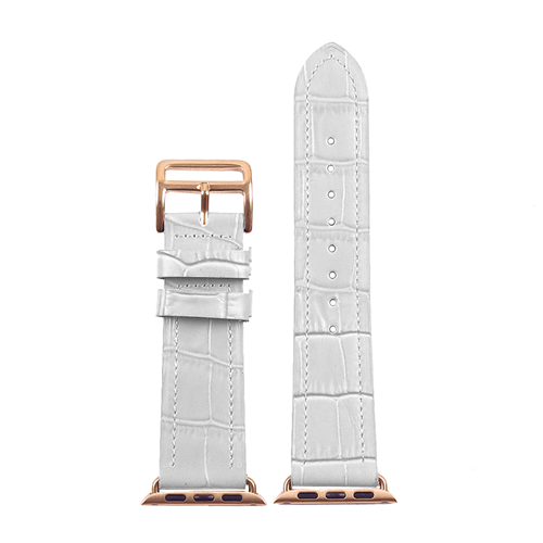 DASSARI Croc Embossed Leather Strap Band for 42mm Apple Watch w/ Hermes Rose Gold Buckle in White
