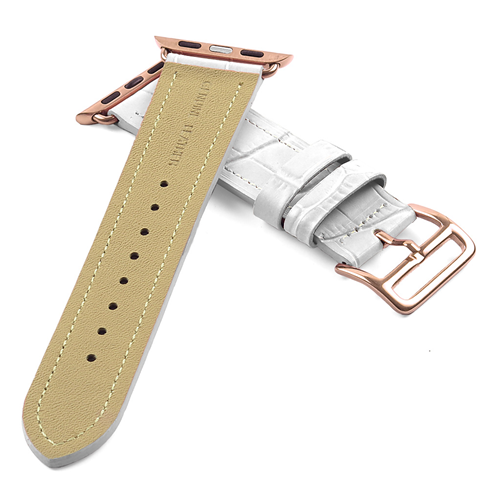 DASSARI Croc Embossed Leather Strap Band for 42mm Apple Watch w/ Hermes Rose Gold Buckle in White