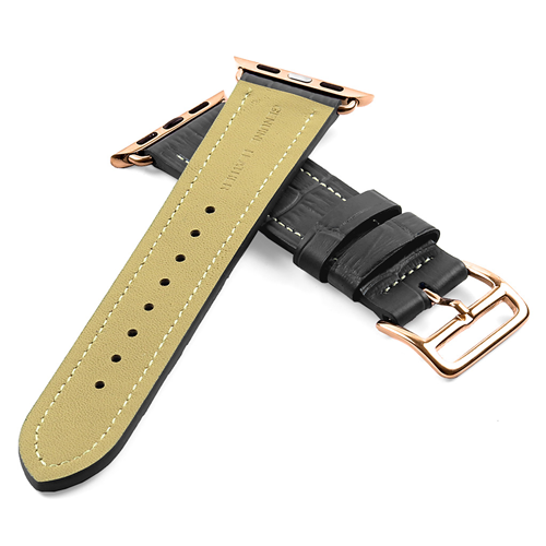 DASSARI Croc Embossed Leather Strap Band for 42mm Apple Watch w/ Hermes Rose Gold Buckle in Grey