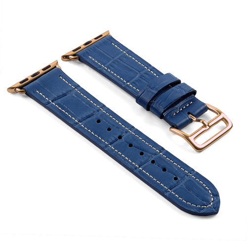 STRAPSCO  Dassari Croc Embossed Leather Strap Band for 42MM Apple Watch W/ Hermes Rose Gold Buckle In In Blue