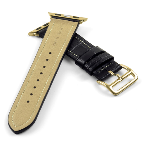 DASSARI Croc Embossed Leather Strap Band for 42mm Apple Watch w/ Hermes Yellow Gold Buckle in Black