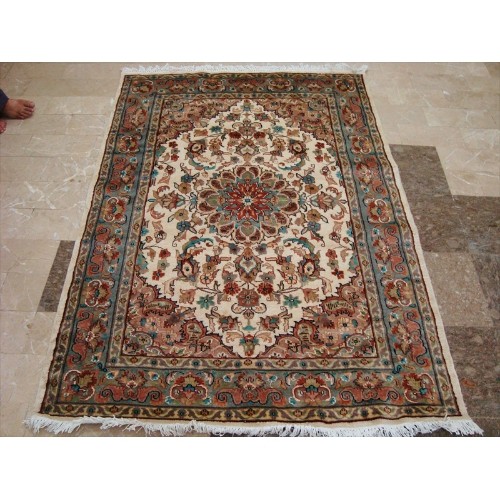Ahmedani Wow Amazing Medallion Flower Hand Knotted Wool Silk Carpet 6.0' x 4.2' Area Rug - Ivory