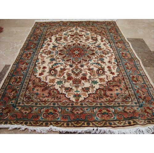 Ahmedani Wow Amazing Medallion Flower Hand Knotted Wool Silk Carpet 6.0' x 4.2' Area Rug - Ivory