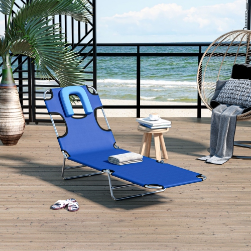 Outsunny Outdoor Lounge Chair, Adjustable Folding Chaise Lounge with Face Cavity, Tanning Chair Sun Lounger Bed Recliner, Blue