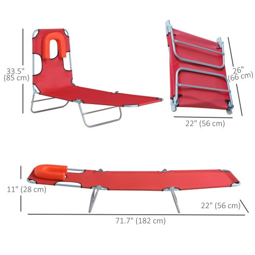 Chaise longue d'extérieur Outsunny, chaise longue pliante réglable avec cavité pour le visage, fauteuil inclinable soleil Tanning, rouge