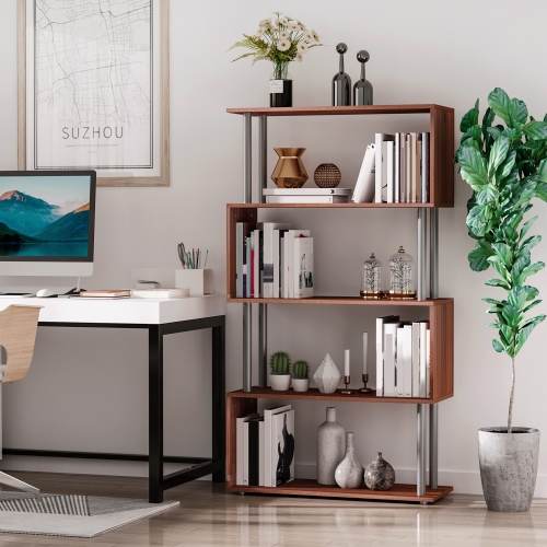 HOMCOM 5-Tiers Geometric Wooden Bookcase S-Shaped Storage Bookshelf Display with Metal Frame for Living Room, Bedroom, Home Office, Walnut