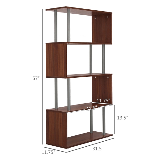 HOMCOM 5-Tiers Geometric Wooden Bookcase S-Shaped Storage Bookshelf Display with Metal Frame for Living Room, Bedroom, Home Office, Walnut