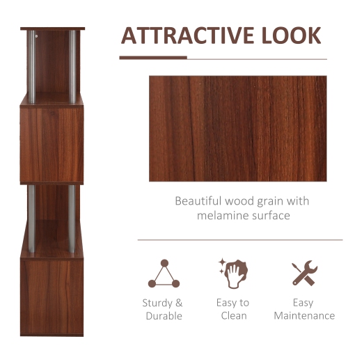 HOMCOM 5-Tiers Geometric Wooden Bookcase S-Shaped Storage Bookshelf Display with Metal Frame for Living Room, Bedroom, Home Office, Walnut