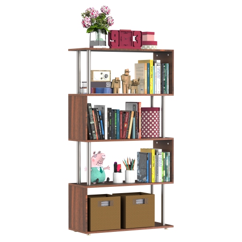 HOMCOM 5-Tiers Geometric Wooden Bookcase S-Shaped Storage Bookshelf Display with Metal Frame for Living Room, Bedroom, Home Office, Walnut