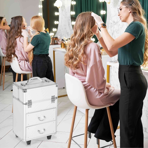 HOMCOM – Mallette de train pour maquillage roulant, grand chariot de rangement pour cosmétiques, chariot de voyage verrouillable avec plateaux