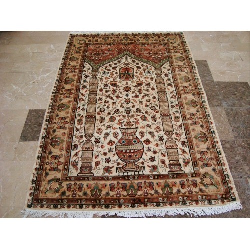 Ahmedani Exclusive Mehrab Floral Vaas Love Hand Knotted Wool Silk Carpet 5.11' x 4.0' Area Rug - Multi-Colour